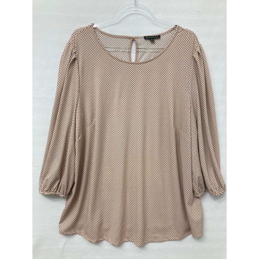 Adrianna Papell Blouse 2X Tan Black Polka Dot Puff Sleeve Stretch Knit Preppy